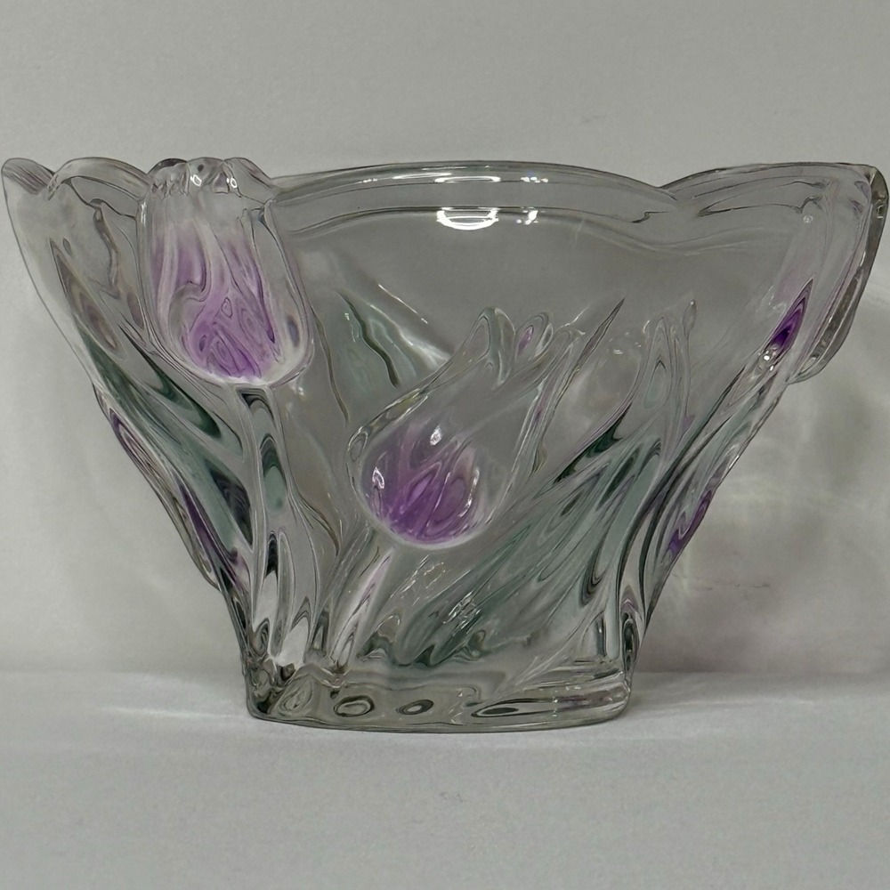Mikasa Spring Debut Crystal Glass Candy Serving Bowl‎ Raised Purple Tulips 6"